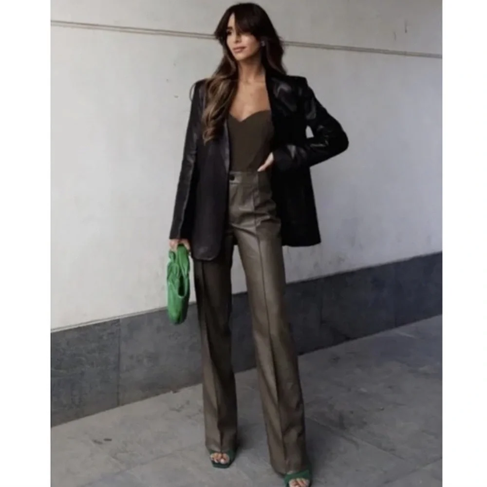 🍂 ZARA ASH BROWN FAUX LEATHER FULL LENGTH STRAIGHT LEG HIGH WAIST PANTS! - Picture 13 of 16